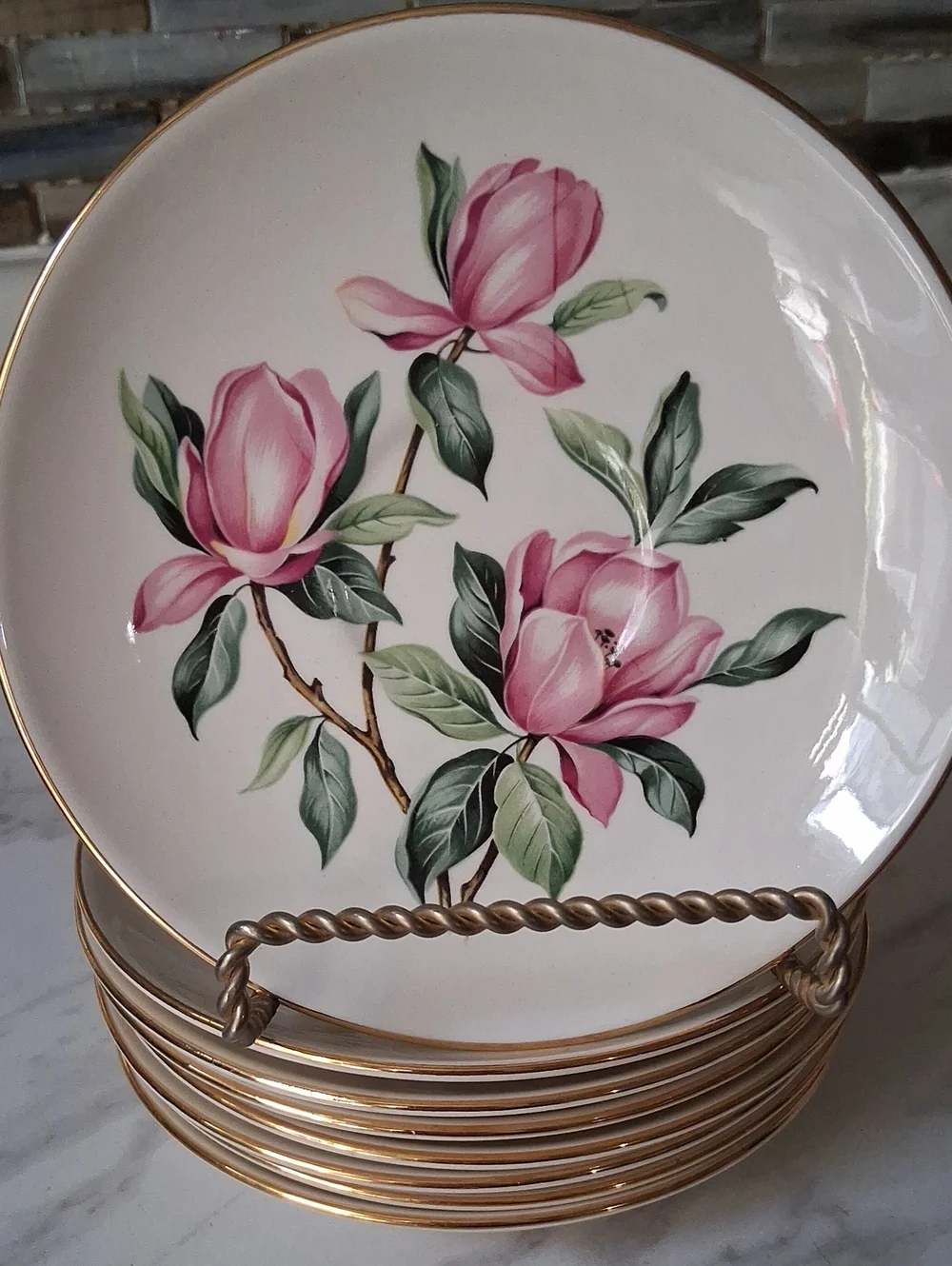 VTG Homer Laughlin Rhythm Pink Magnolia 8 Bread & Butter Plates Gold Trim